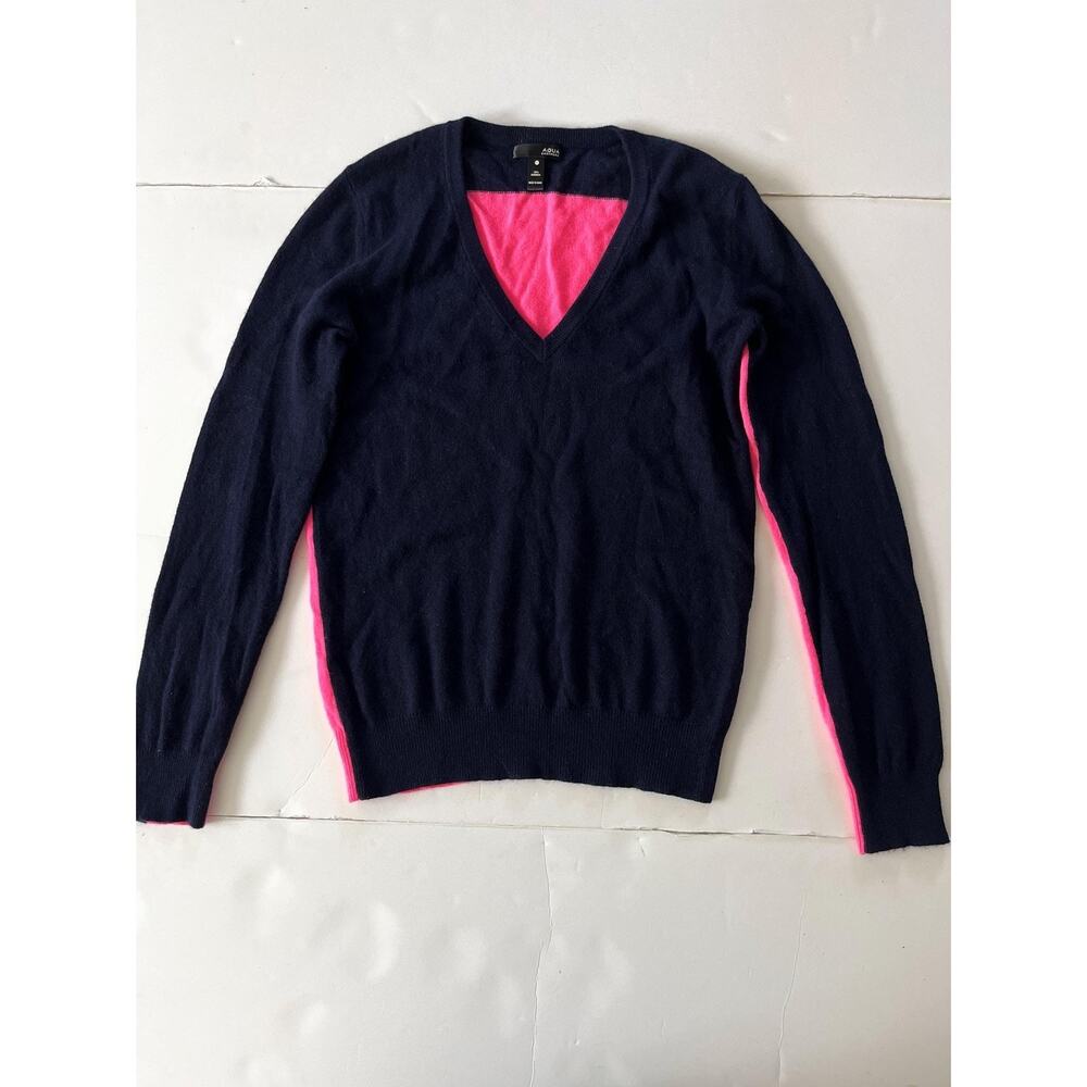Aqua Cashmere Sweater Womens S Navy Pink V Neck Colorblock 100% Cashmere